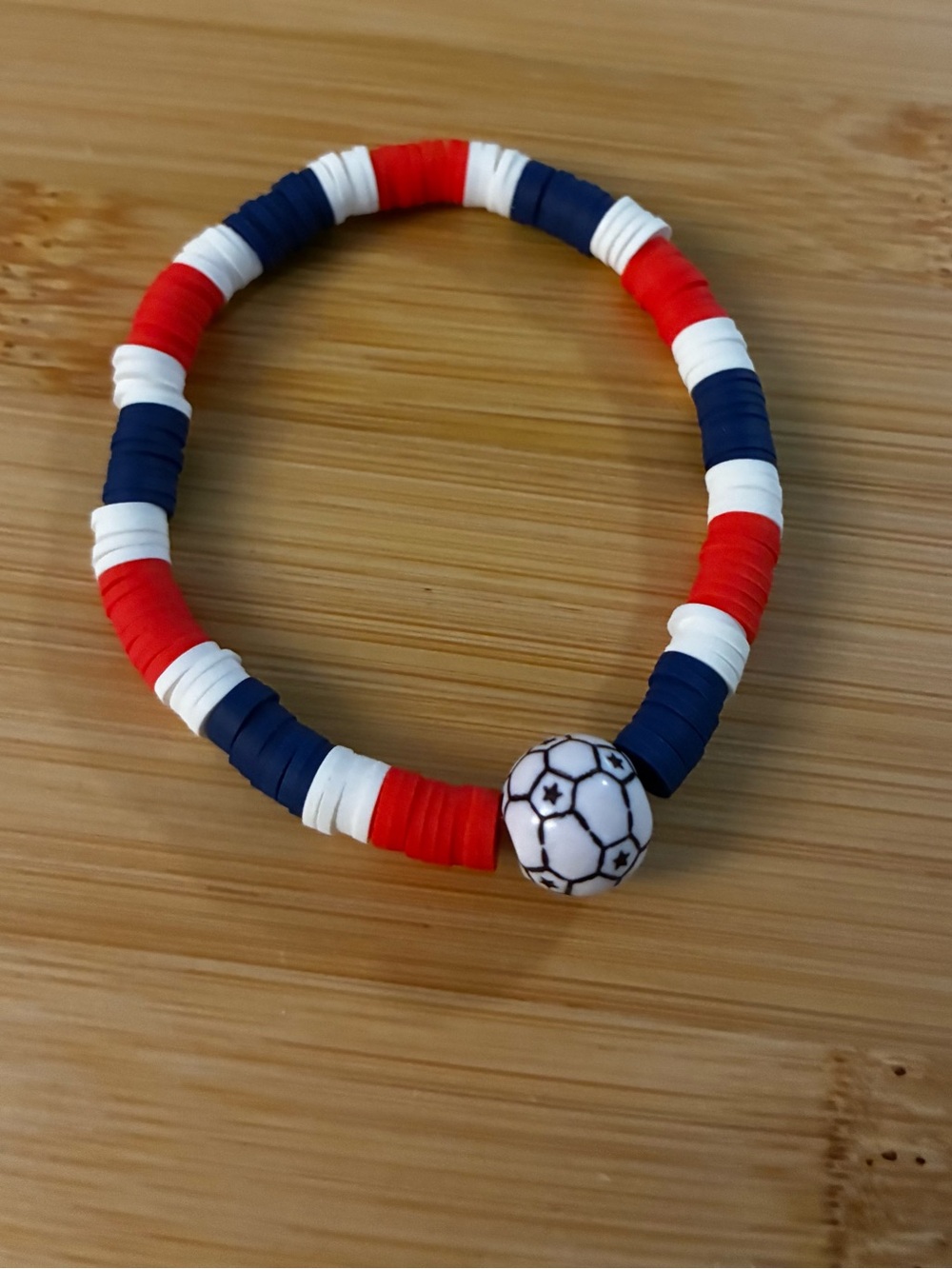 Red, White and Blue Soccer Beaded Stretch Bracelet